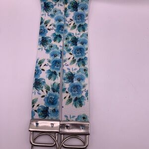Floral Blue and White Wristlet with Silver Keyring